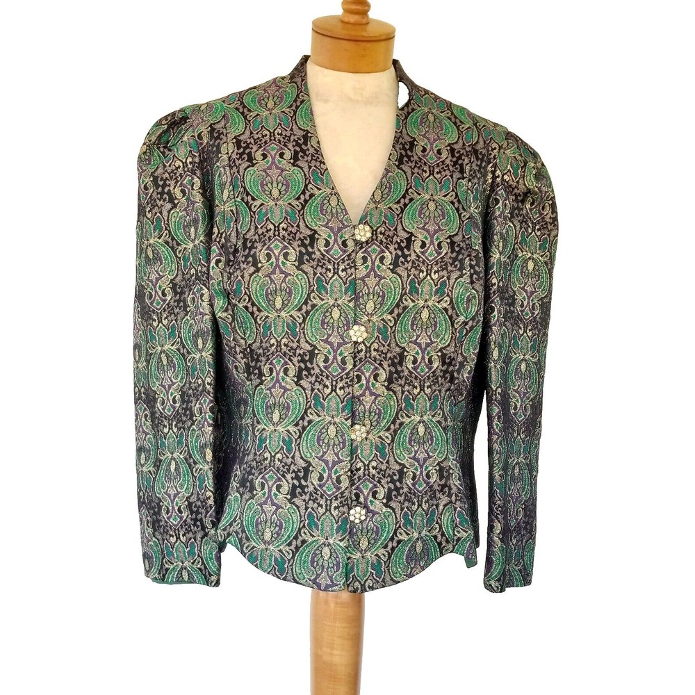 KAREN MILLER  Green Gold Metallic Rhinestone Buttons Dress Jacket Size Large